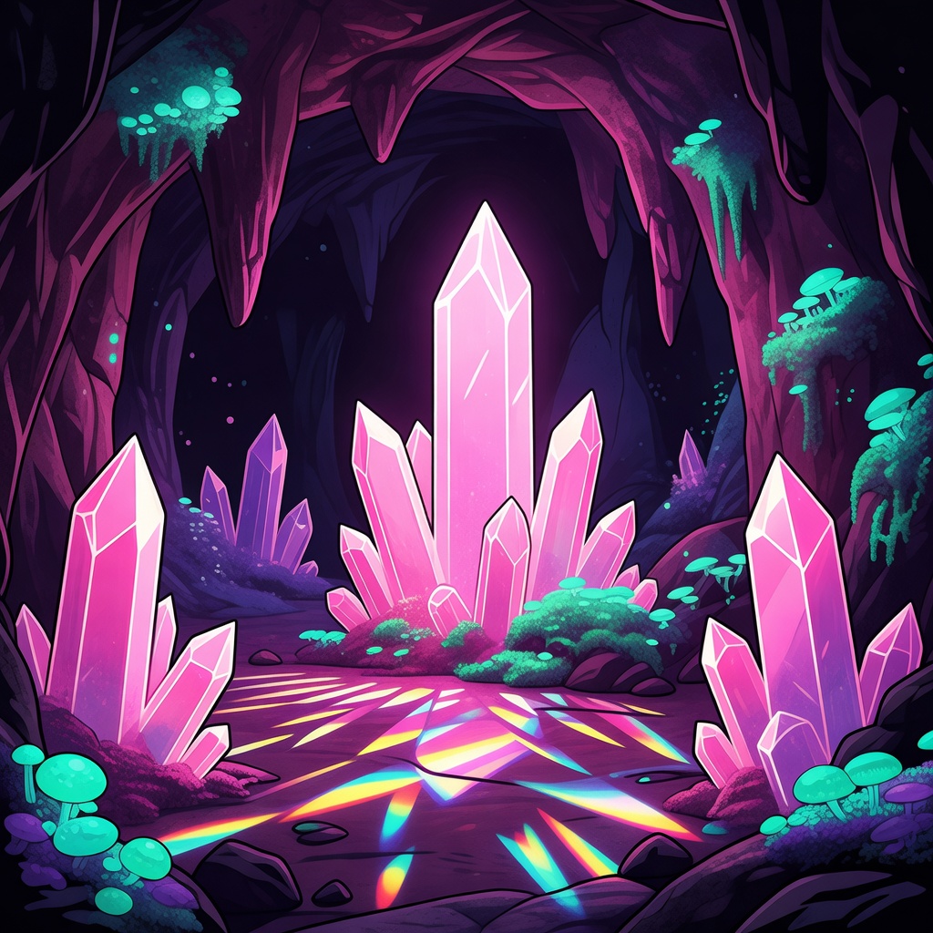 Underground crystal cavern with glowing gem pillars